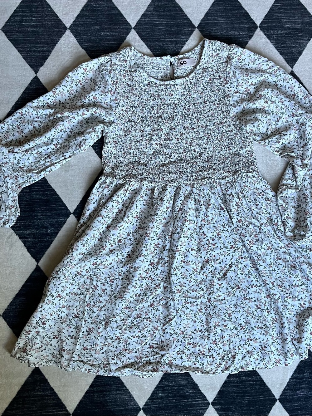 SO White Floral Smocked Long-Sleeve Dress with Pink & Green Accents